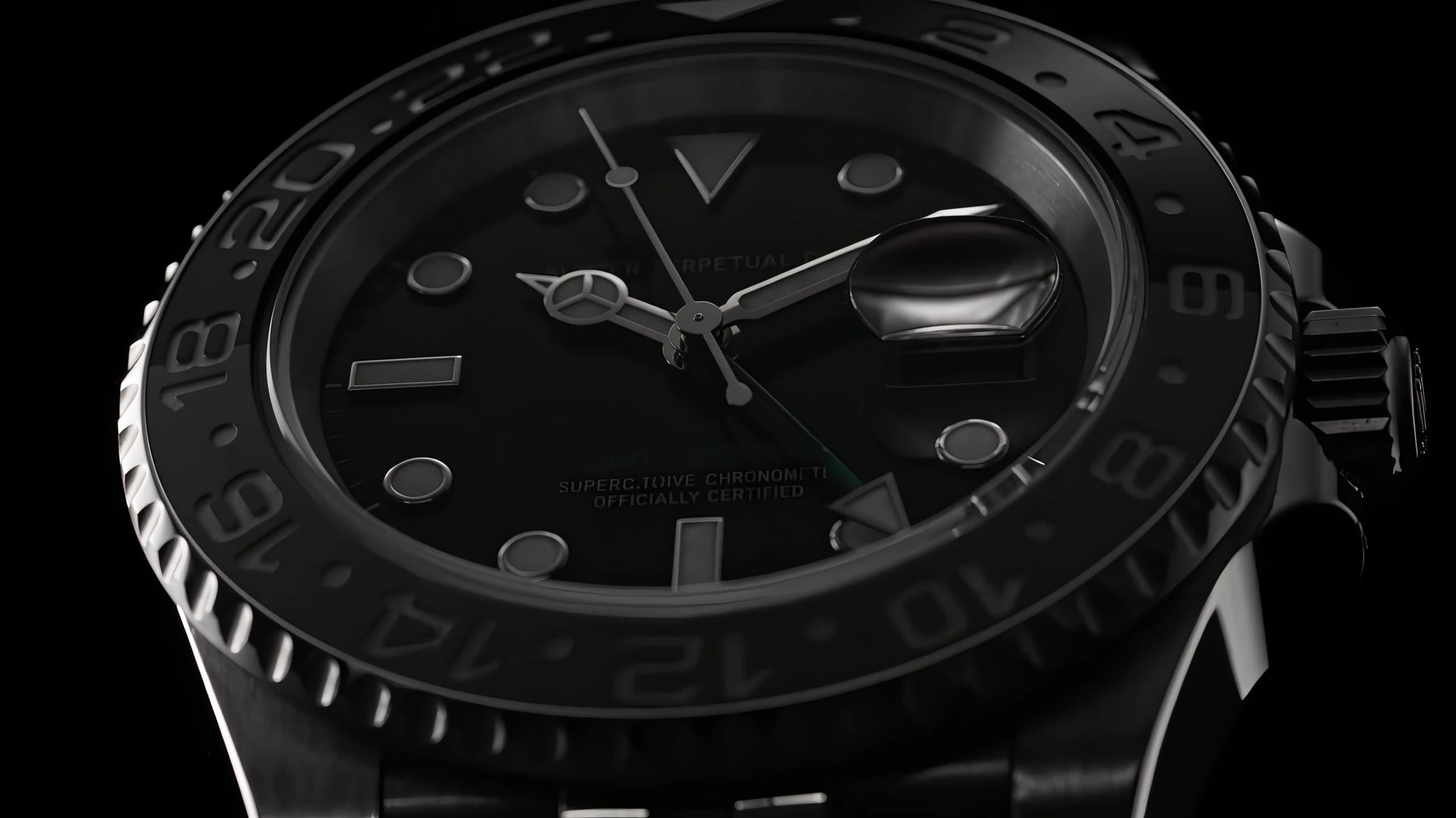 Steel GMT watch with a jubilee bracelet, filmed in close-up on black